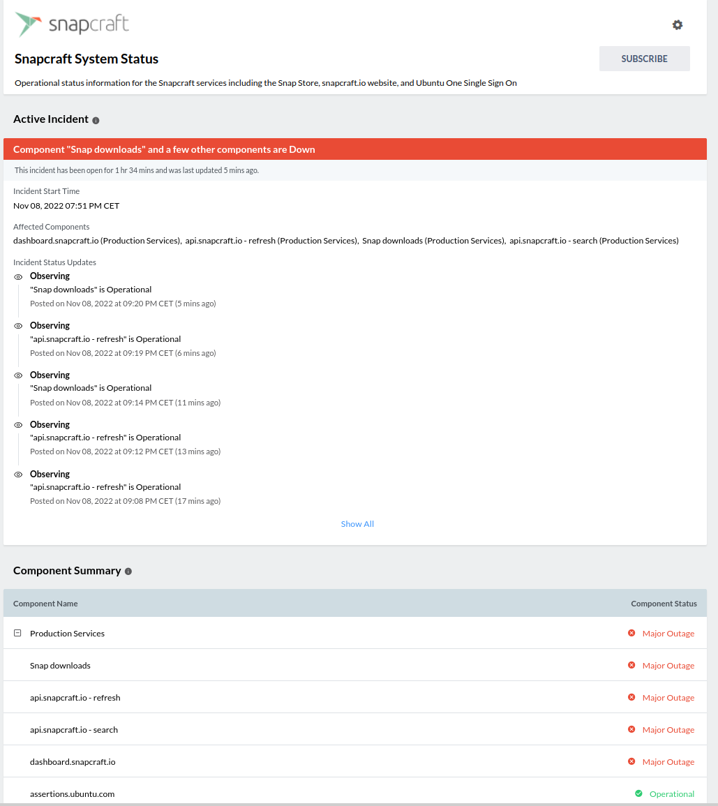 Snap incodent / monitoring status page